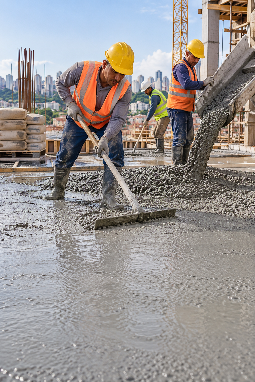 Trabalhadores aplicando concreto fresco em uma obra, com sacos de cimento ao lado